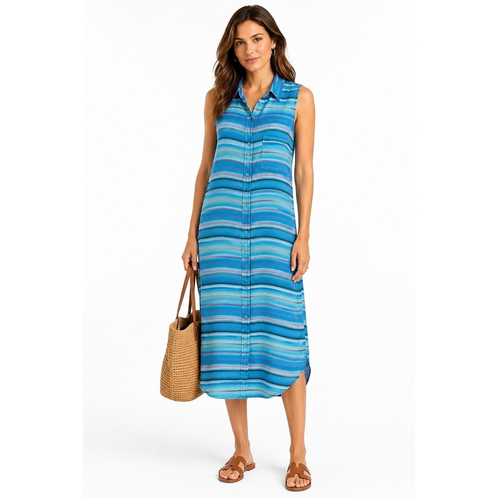 Kavu Women's Striped Sleeveless Button Front Collared Shirt Midi Dress Sz Medium